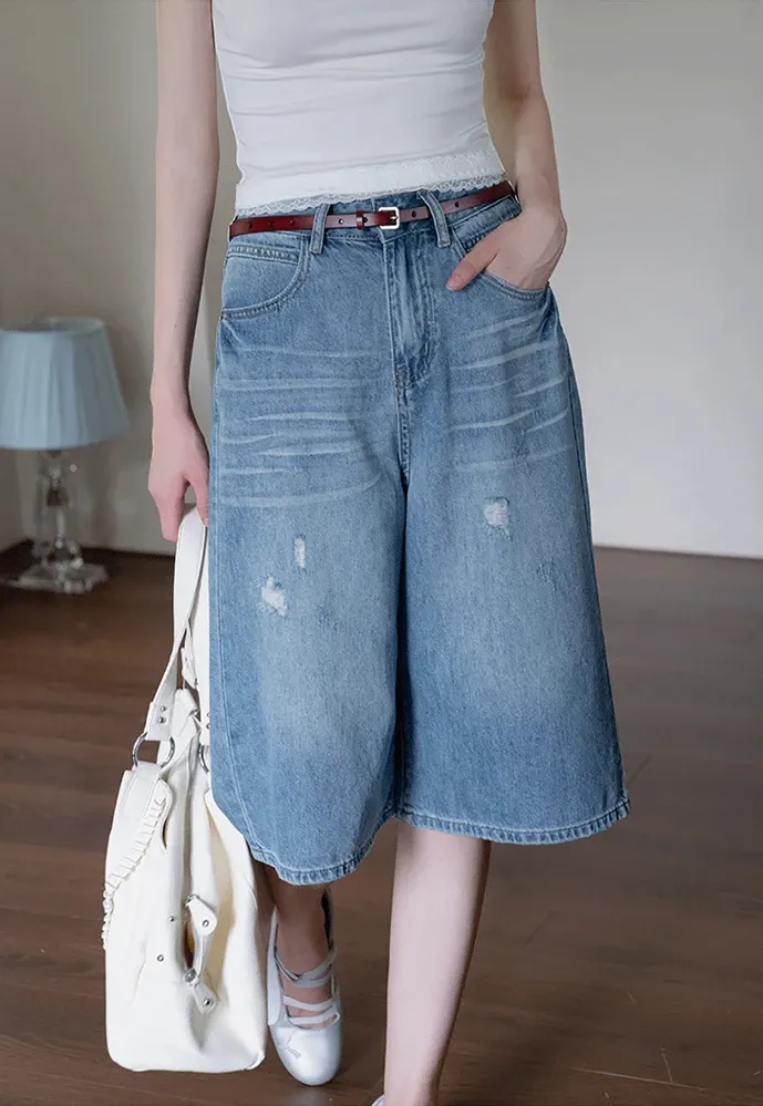 Women’s Distressed Wide-Leg Denim Bermuda Shorts