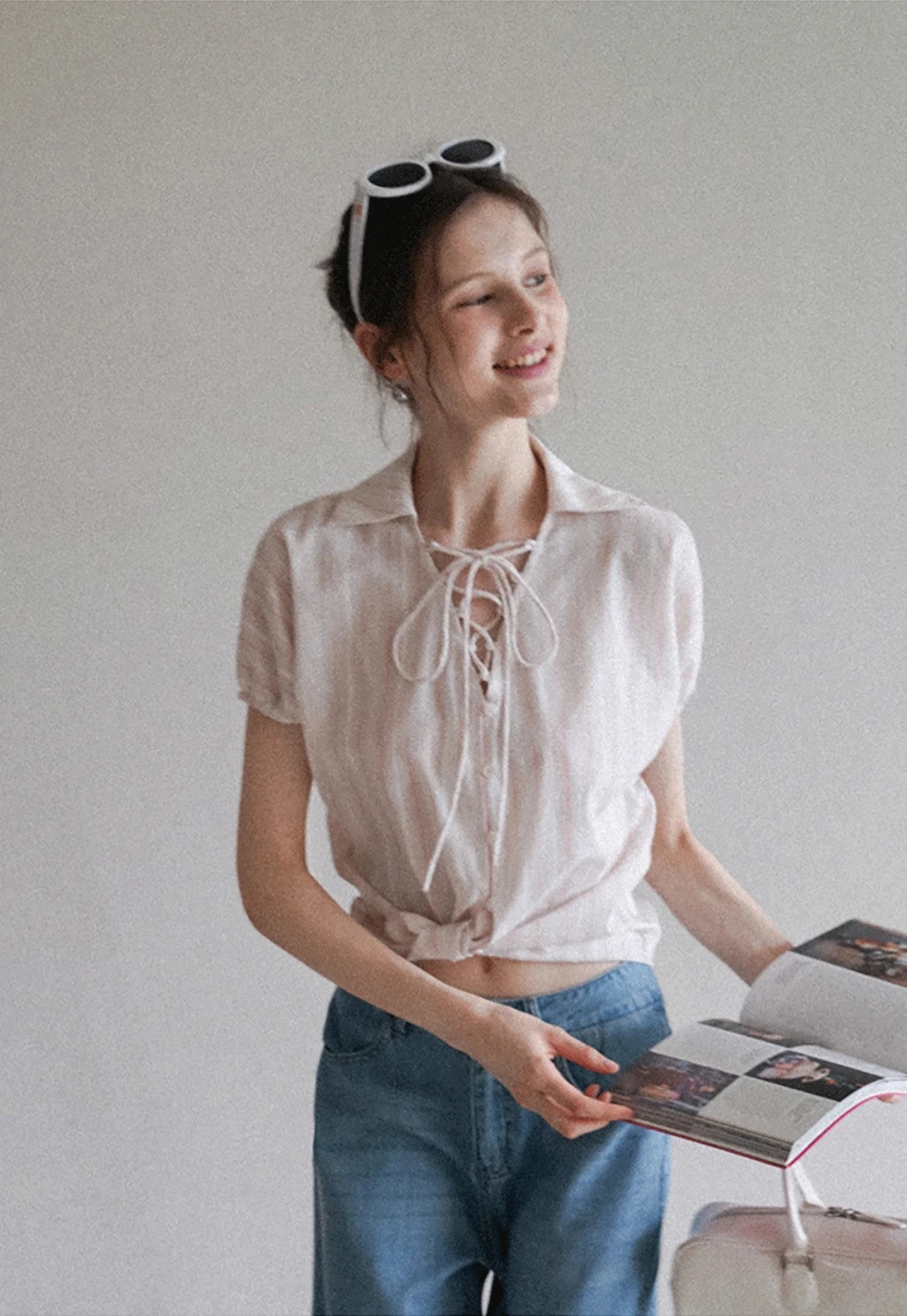 Striped Short Sleeve Blouse with Lace-Up Neck