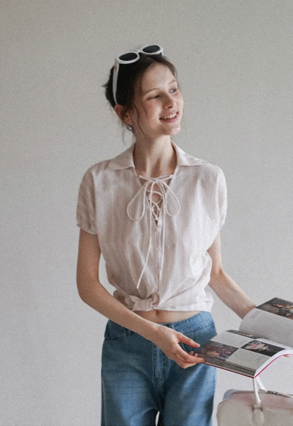 Striped Short Sleeve Blouse with Lace-Up Neck