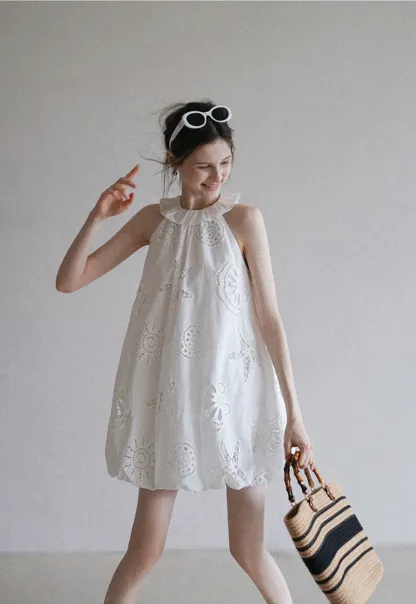 Women’s Sleeveless Eyelet Mini Dress with Ruffle Neck