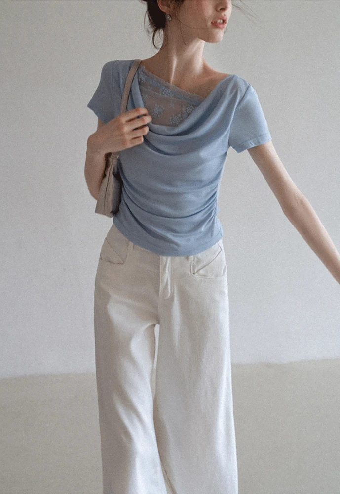 Women’s Cowl Neck Lace-Back Ruched Tee