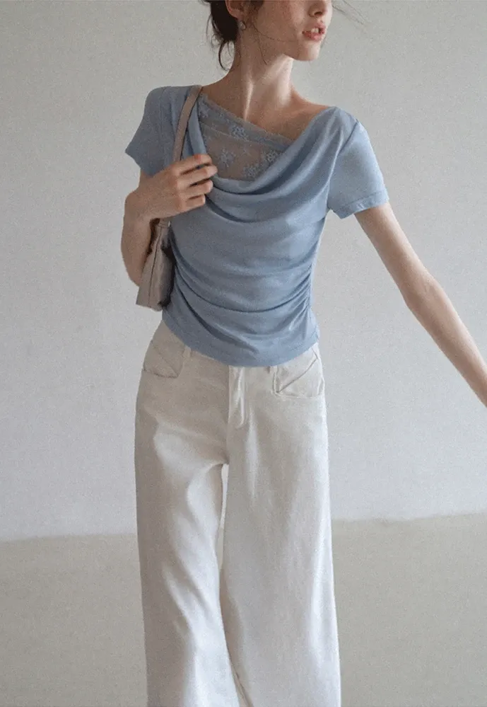 Women’s Cowl Neck Lace-Back Ruched Tee