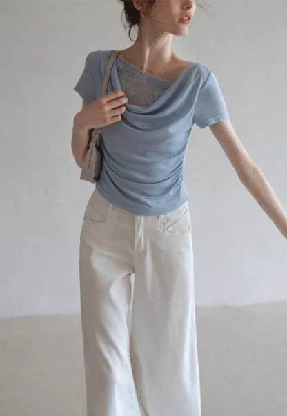 Women’s Cowl Neck Lace-Back Ruched Tee