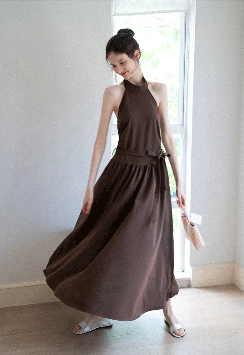 Halter Neck Midi Dress with Waist Tie