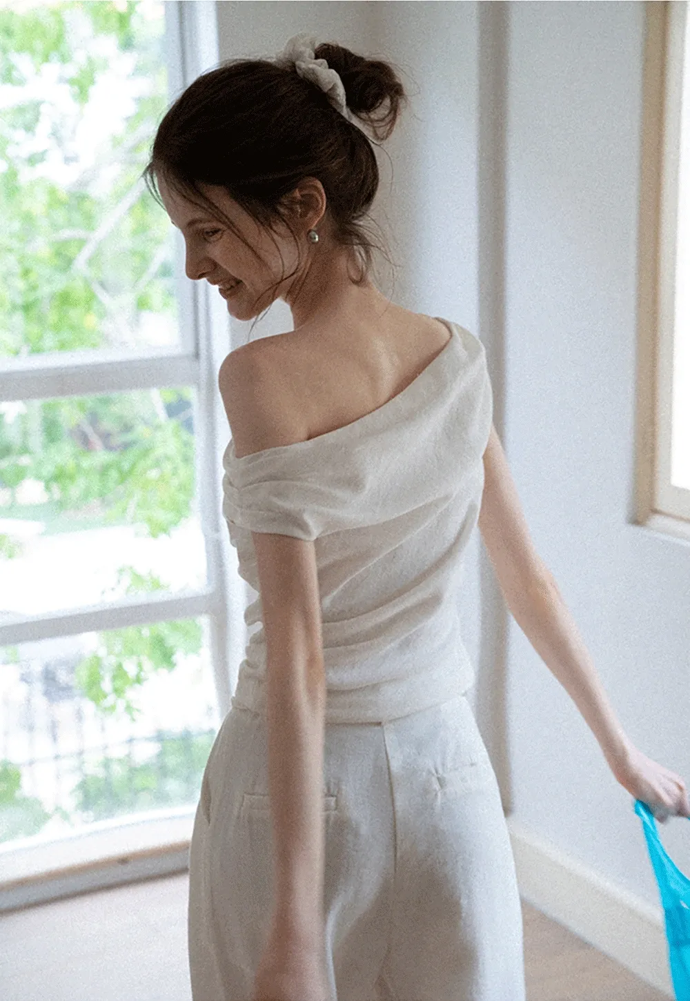 Off-Shoulder Fold-over Top + Pleated Tie-Waist Trousers
