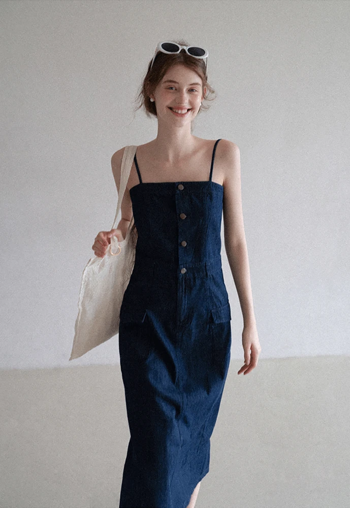 Button-Front Cargo Pocket Denim Dress