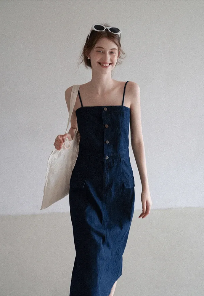 Button-Front Cargo Pocket Denim Dress