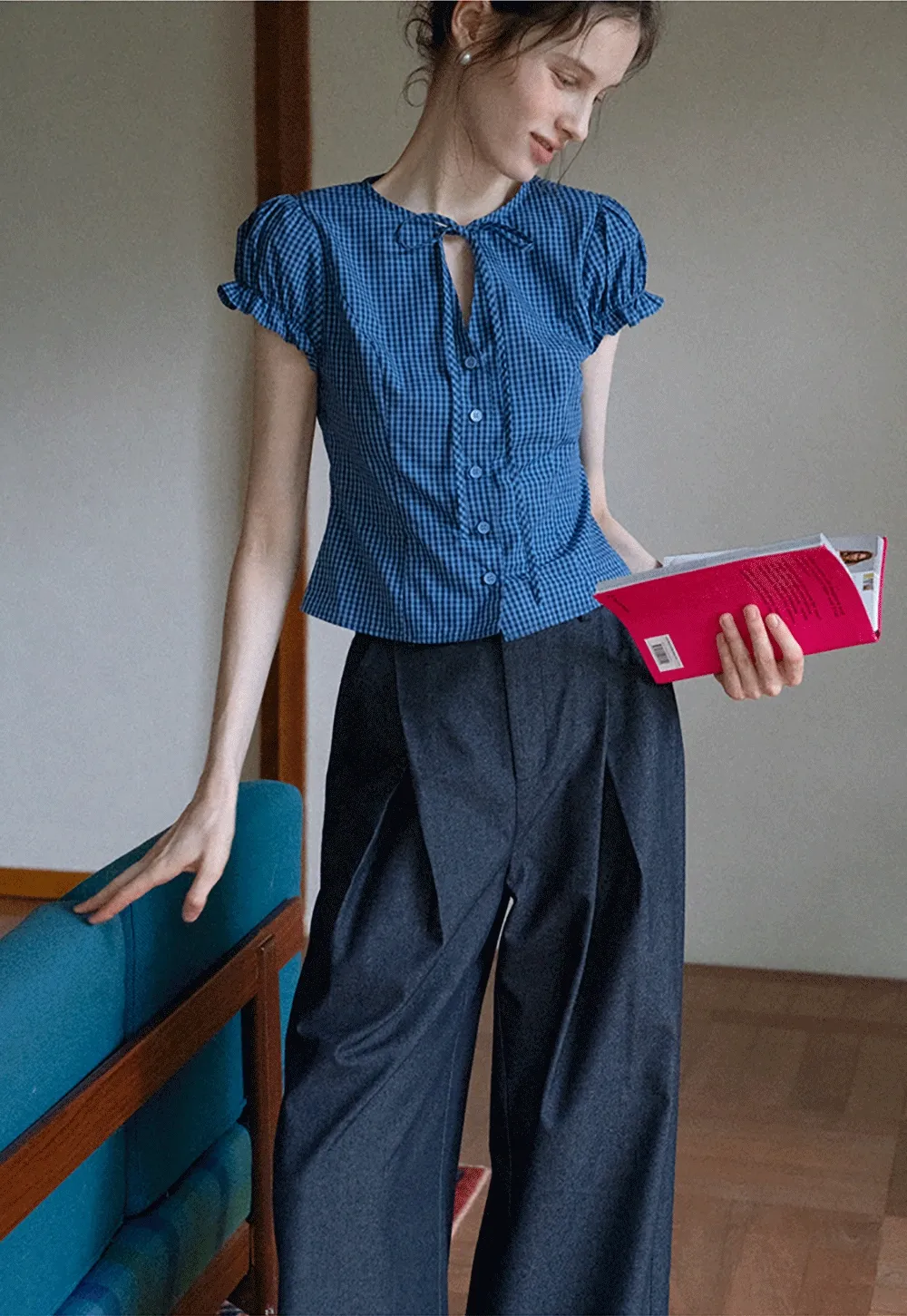 Gingham Puff Sleeve Blouse with Tie Neck