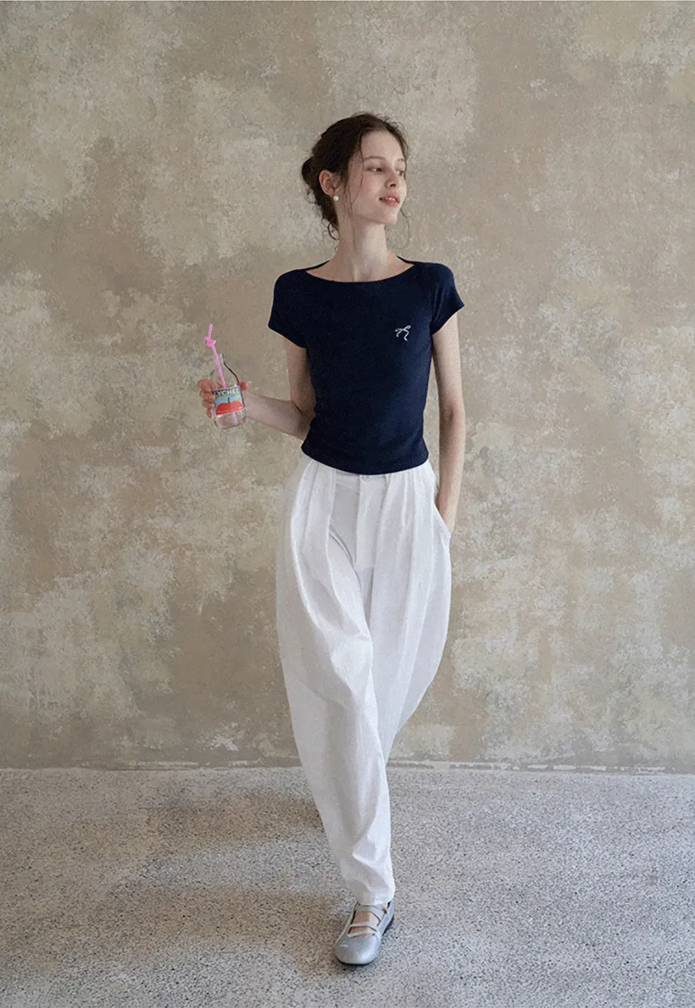 Women's Boat Neck Ribbed Tee with Embroidered Bow