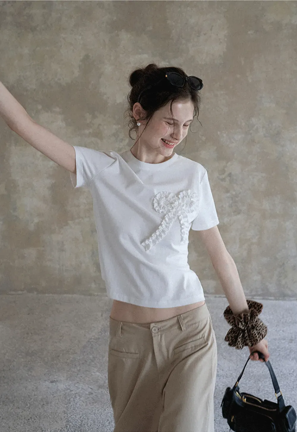 Women's Ruffled Bow Appliqué Cotton T-Shirt