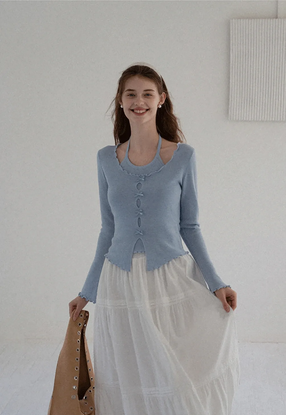 Women Long Sleeve Bow Front Split Hem Lettuce Trim Knit Top