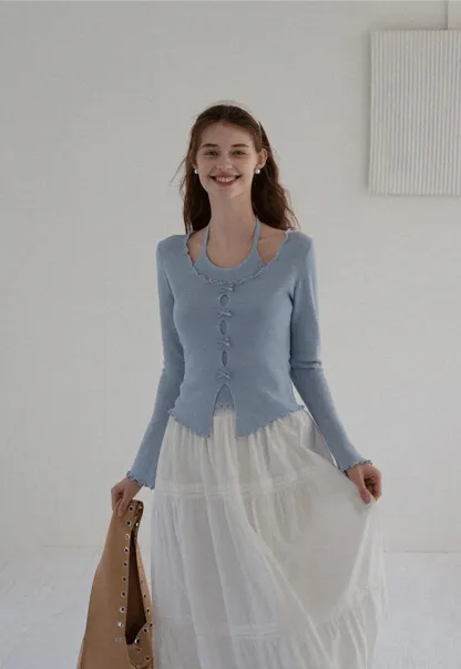 Women Long Sleeve Bow Front Split Hem Lettuce Trim Knit Top