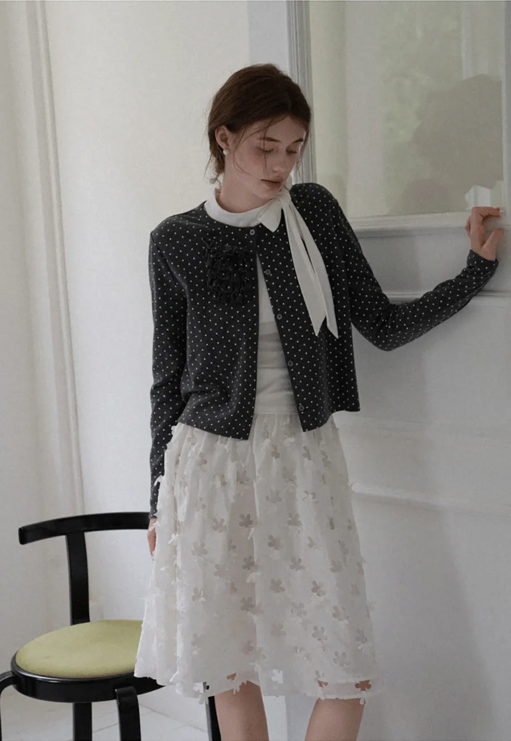 Polka Dot Ruffle Button-Up Cardigan