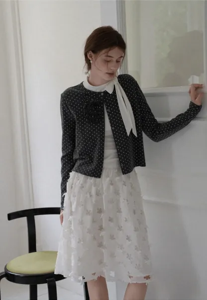Polka Dot Ruffle Button-Up Cardigan