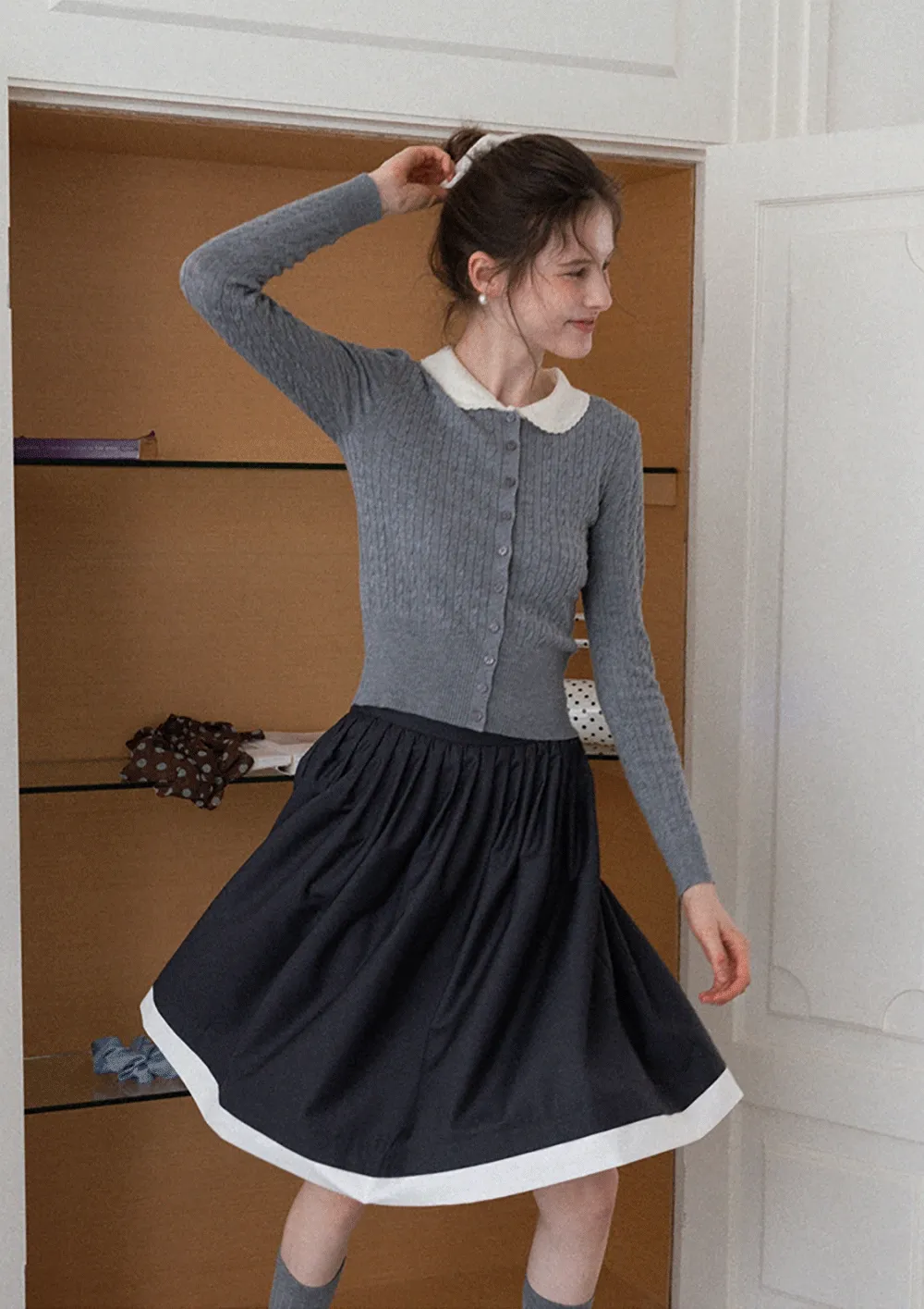 Women's Contrast-Collar Cable-Knit Cardigan