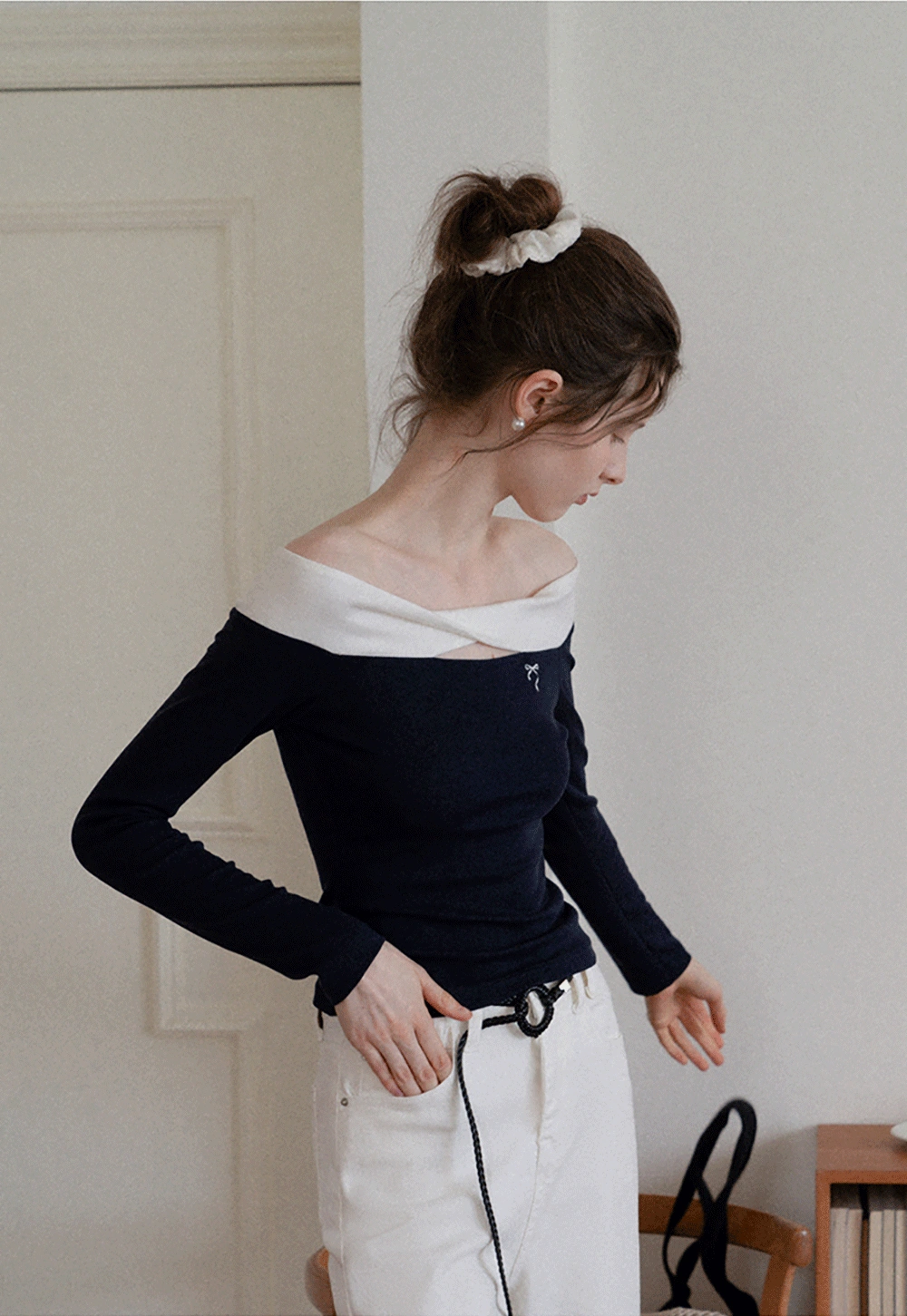 Women's Off Shoulder Contrast Fold-Over Knit Top