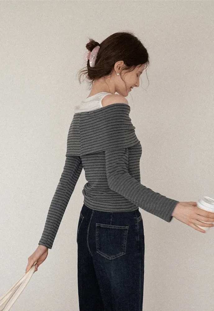 Spliced Faux Two-Piece Off-Shoulder Top