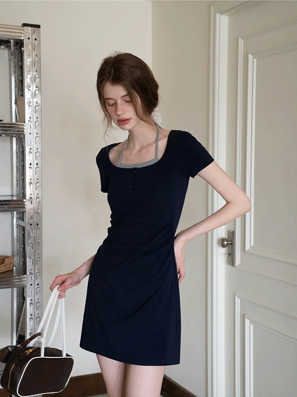 Women's Square Neck Halter Mini Dress with Ruched Waist