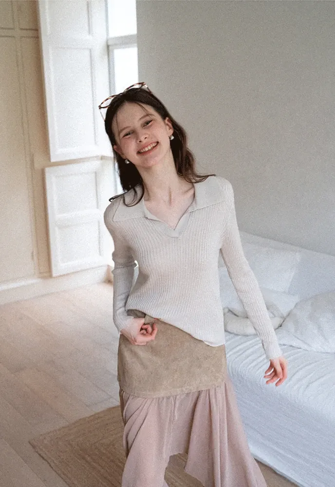 Ribbed Open-Collar Knit Top