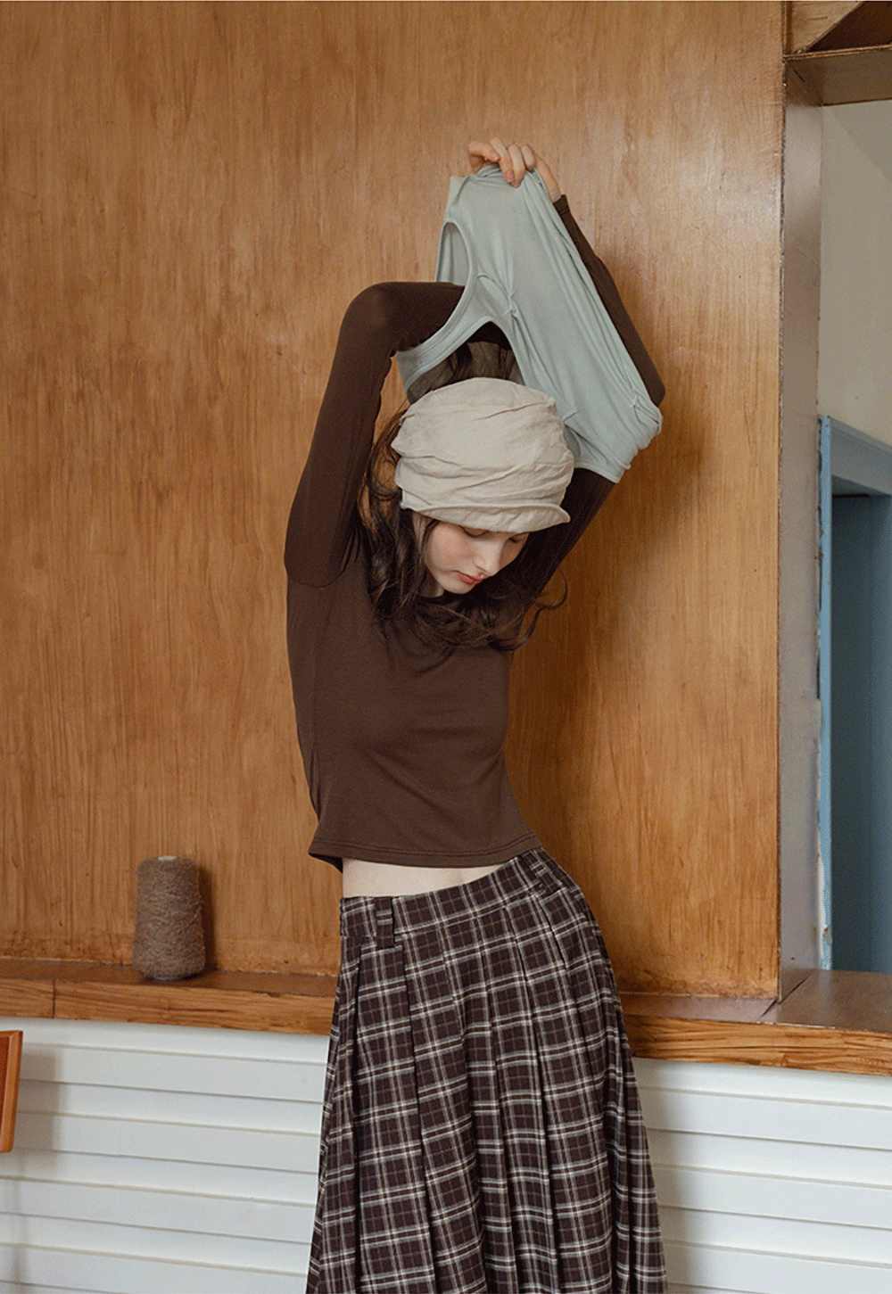 Women's Cami-Overlay Ruched Long Sleeve Top