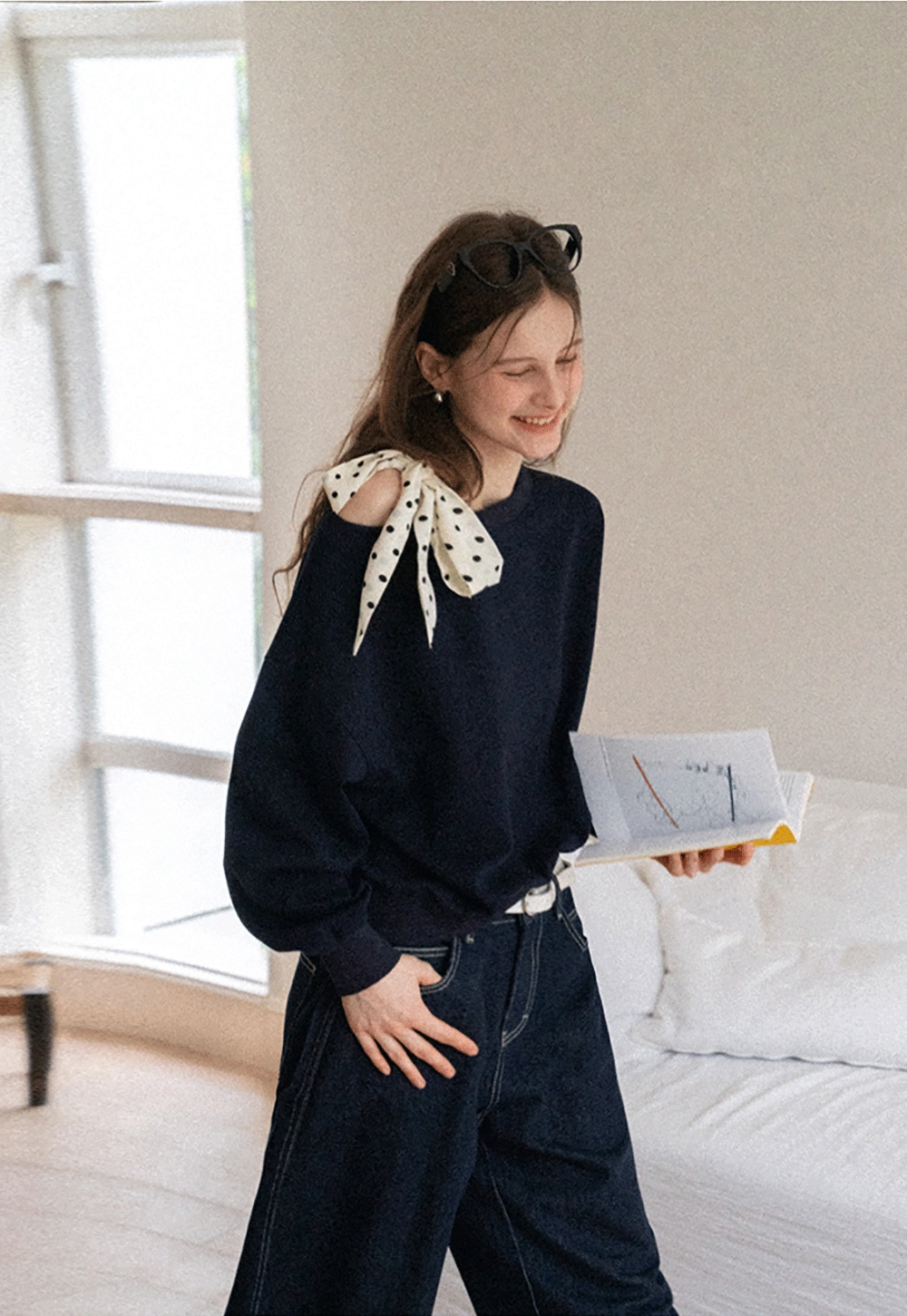 Womens Tie-Front Loose One-Shoulder Sweatshirt