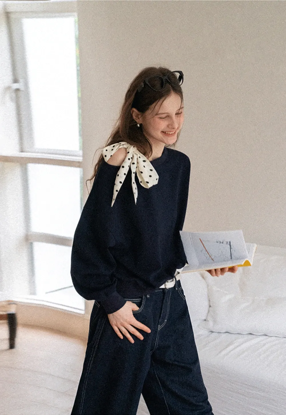 Womens Tie-Front Loose One-Shoulder Sweatshirt