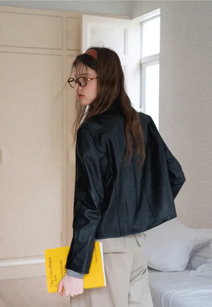 Women Faux Leather Zip-Up Jacket