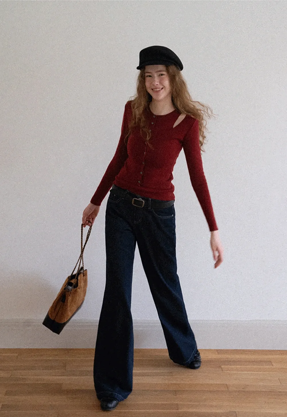 Cut-Out Button Long Sleeve Knit Top