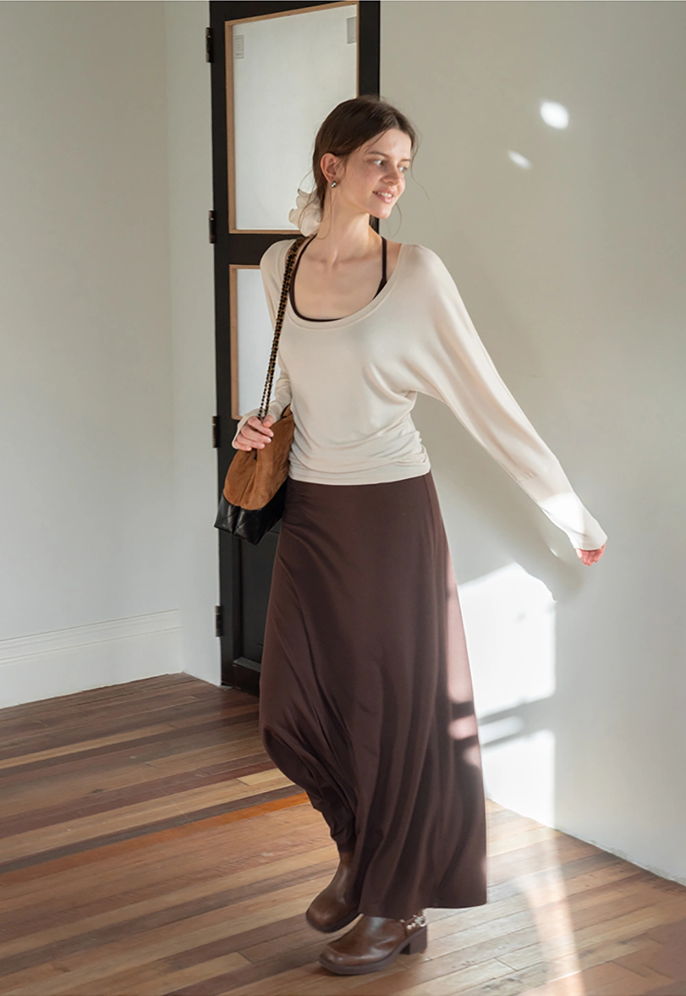 Casual Long Sleeve Top with Flowy Maxi Skirt