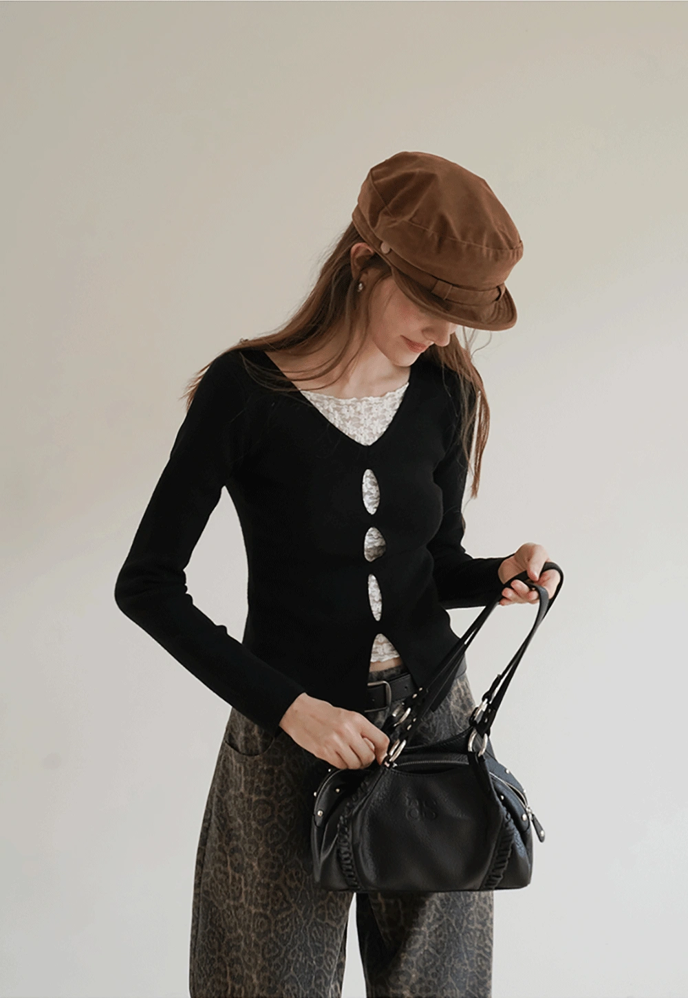 Black Long Sleeve V-Neck Cardigan with Lace Deta