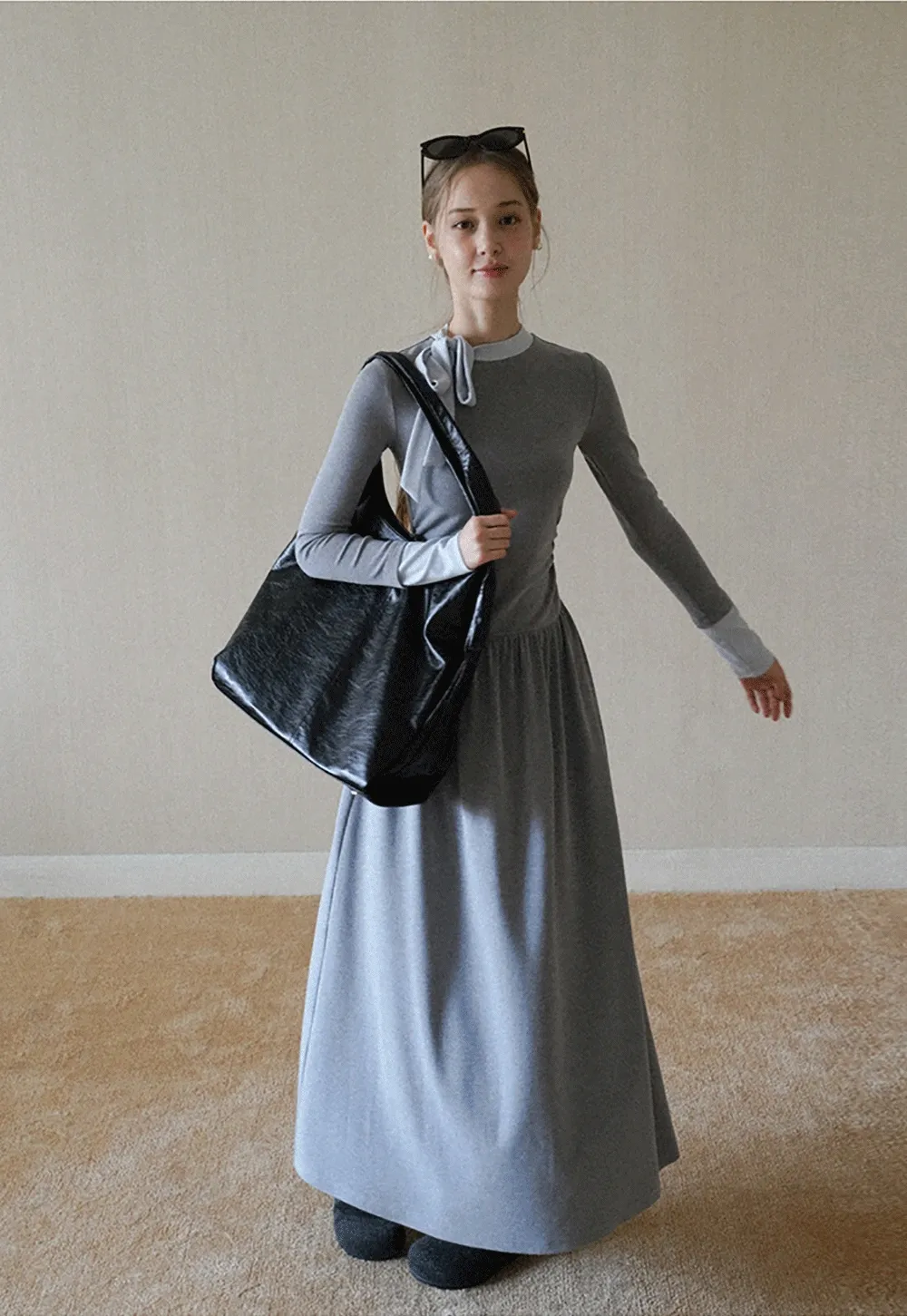 elegant grey long sleeve casual a-line dress