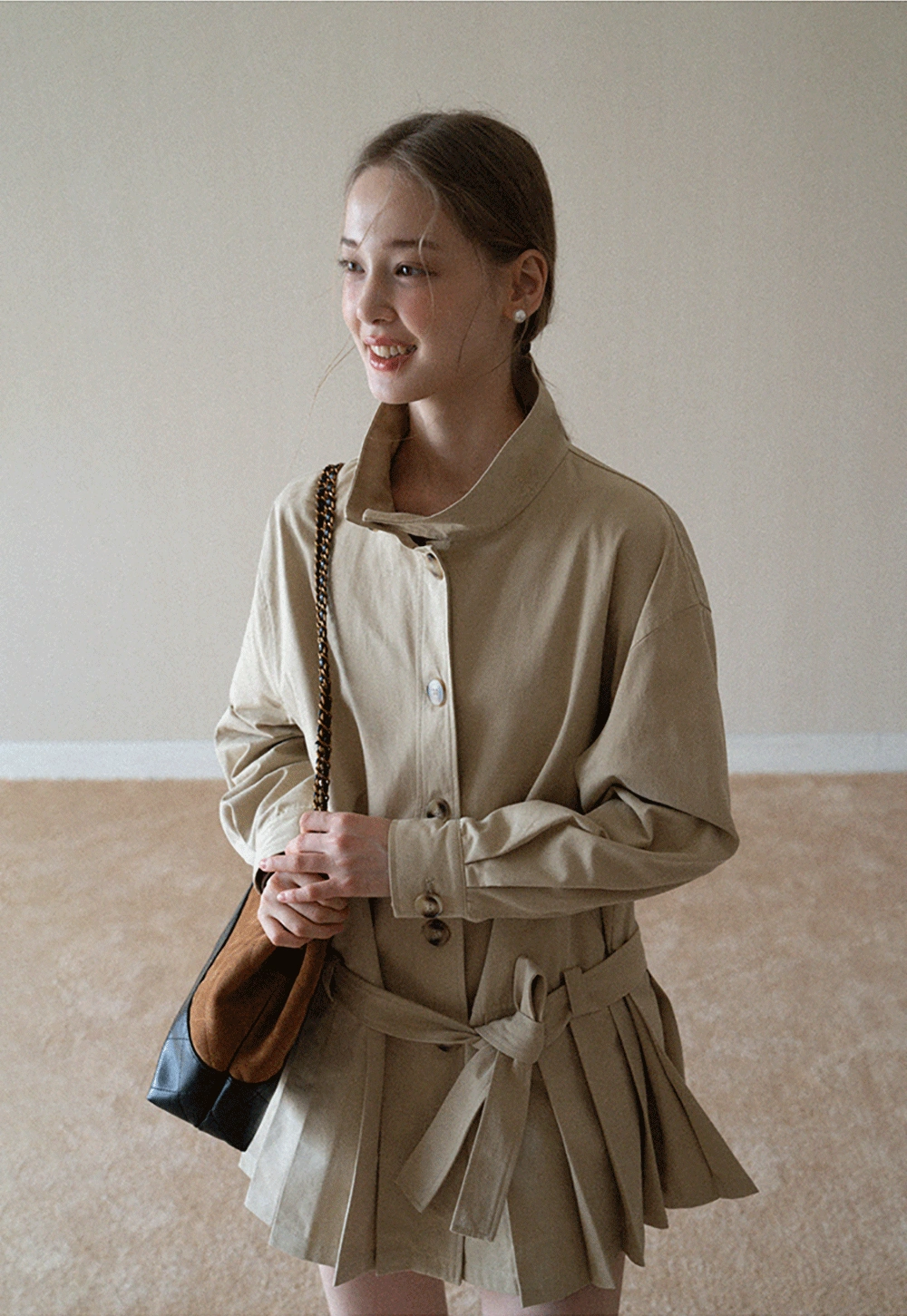 Womens Khaki High Neck Pleated Hem Trench Coat
