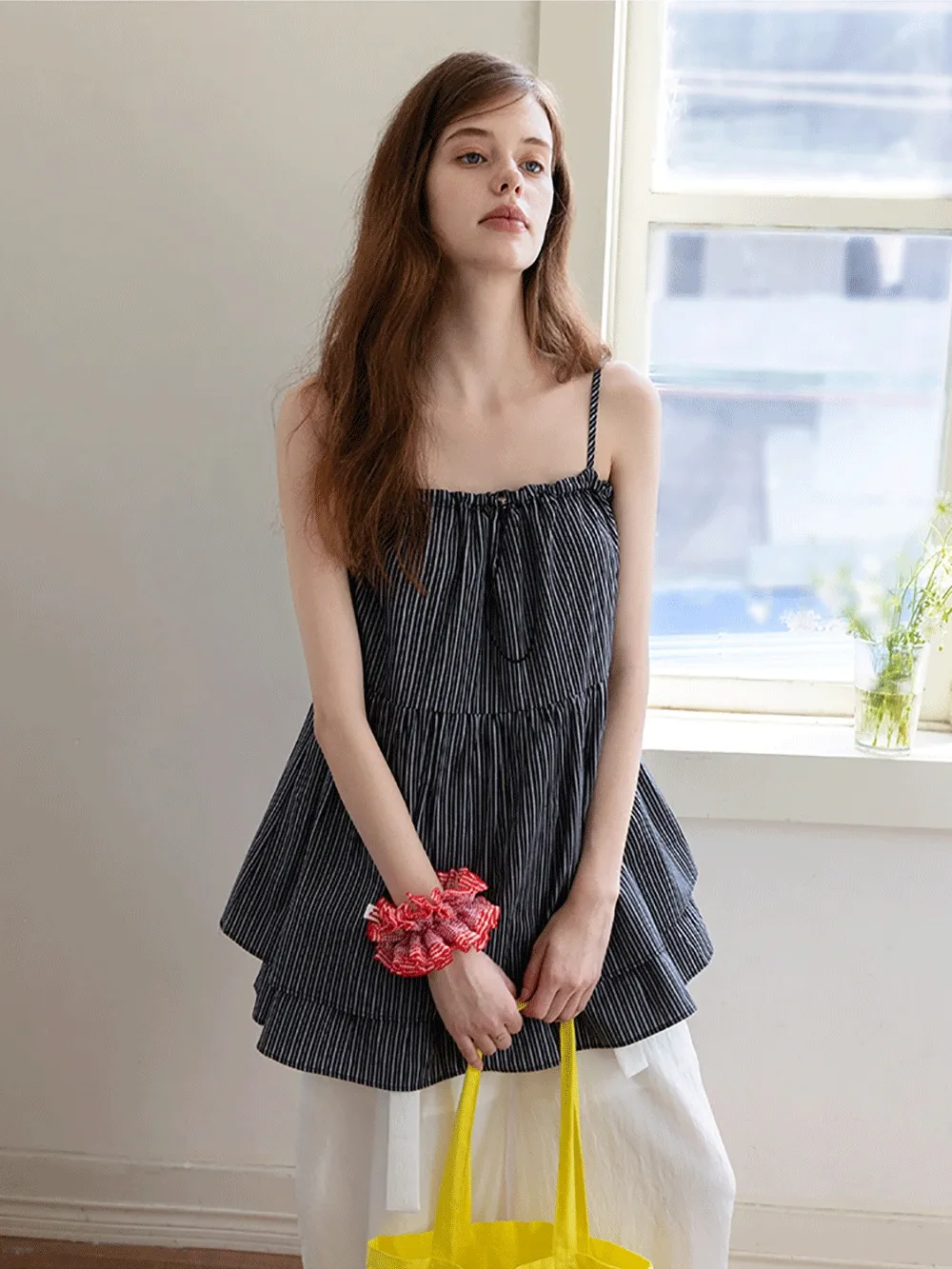 Striped Spaghetti Strap Ruffled Peplum Top