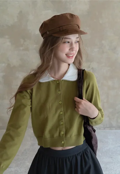 Womens Knit Cardigan with White Peter Pan Collar