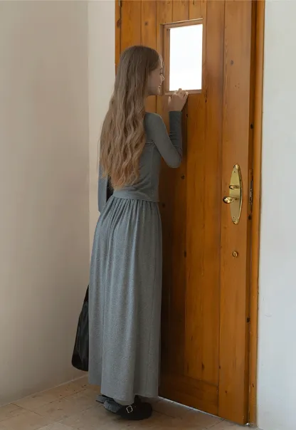 Relaxed Grey 2 Piece Outfit Long Sleeve Tee and Skirt