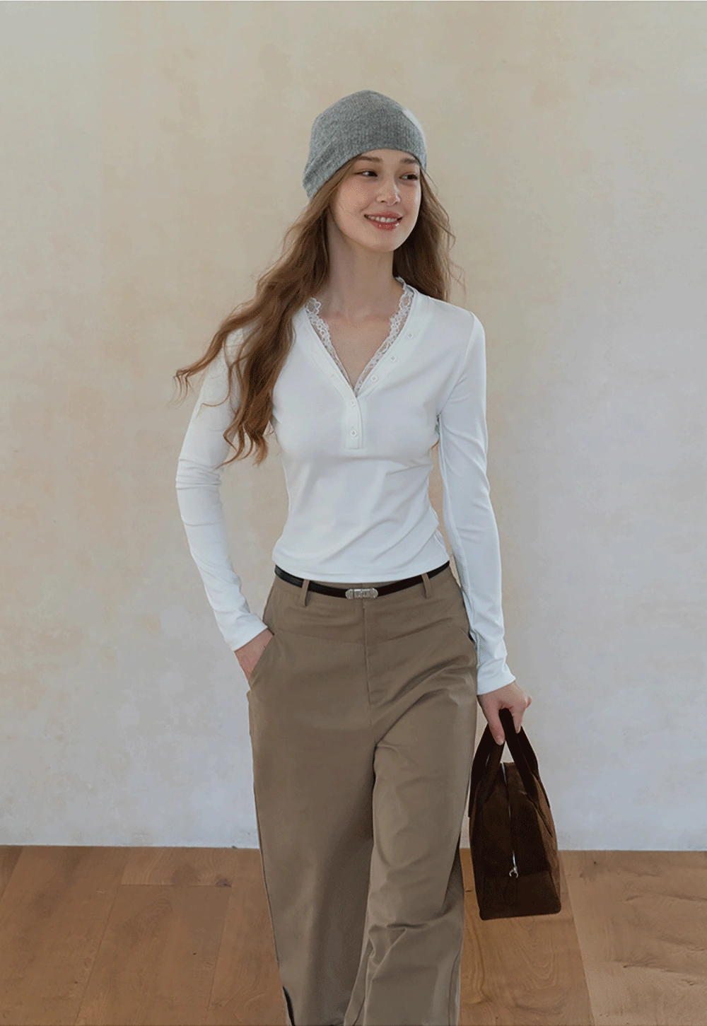 Womens White Lace Trim V Neck Long Sleeve Henley Top