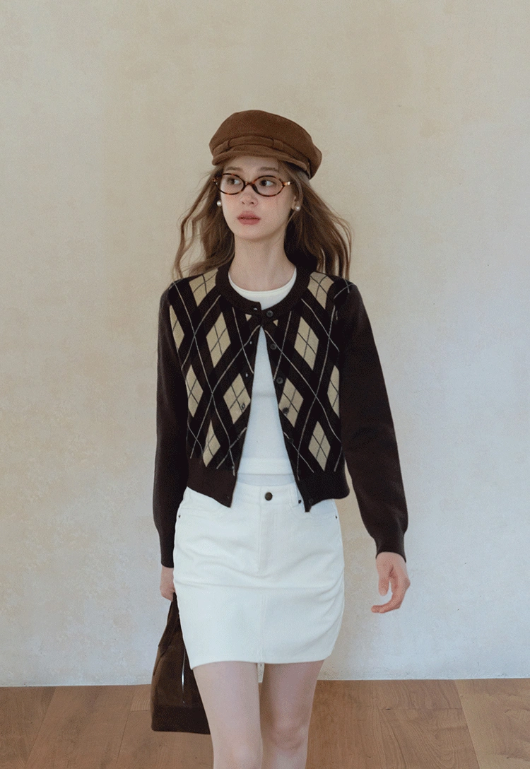 Womens Argyle Knit Button Down Cardigan Sweater