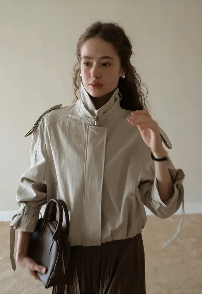 Womens Short Trench Coat Jacket with Belted Cuffs and Epaulets