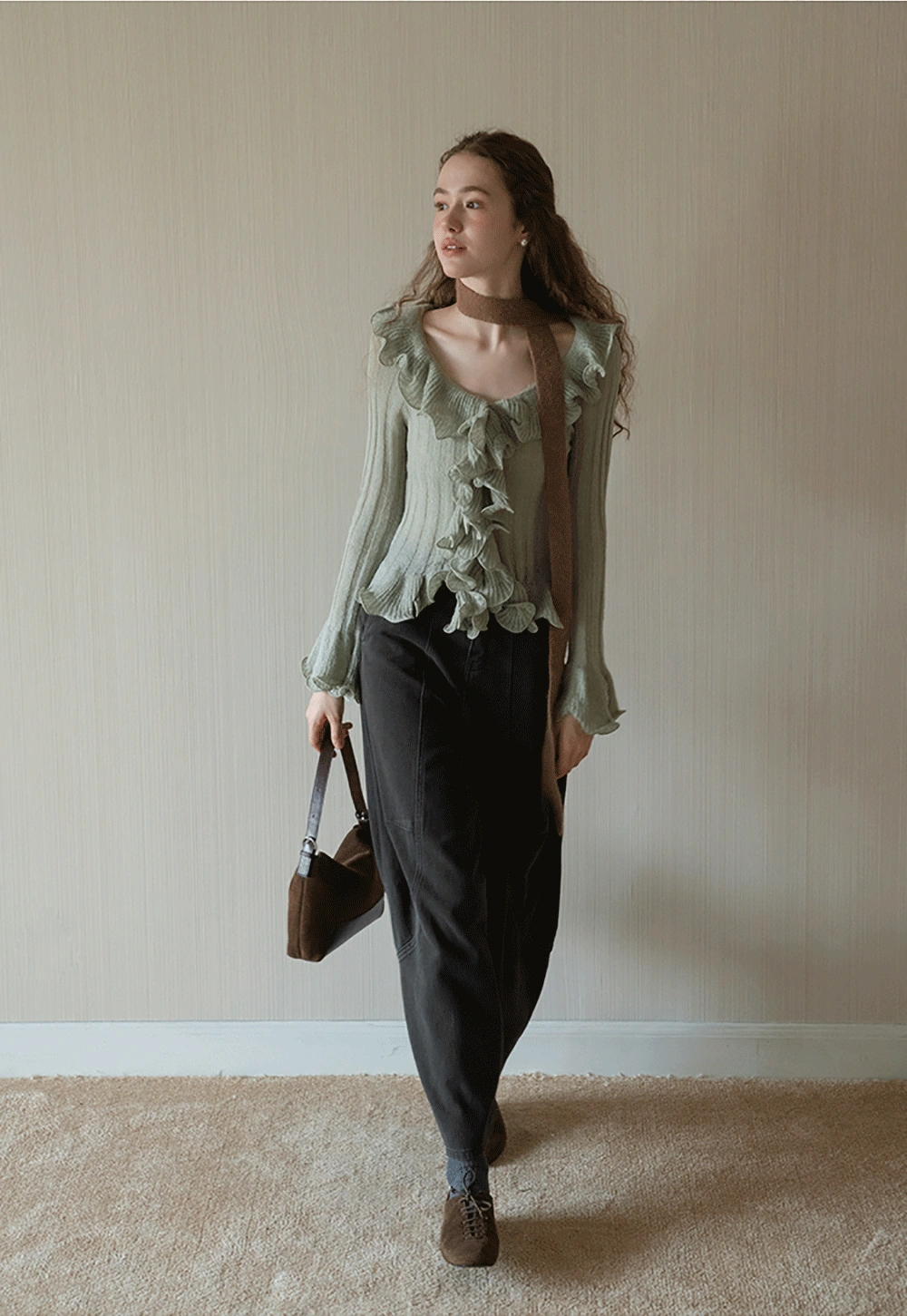 Womens Ruffle Hem Flared Sleeve Knit Top