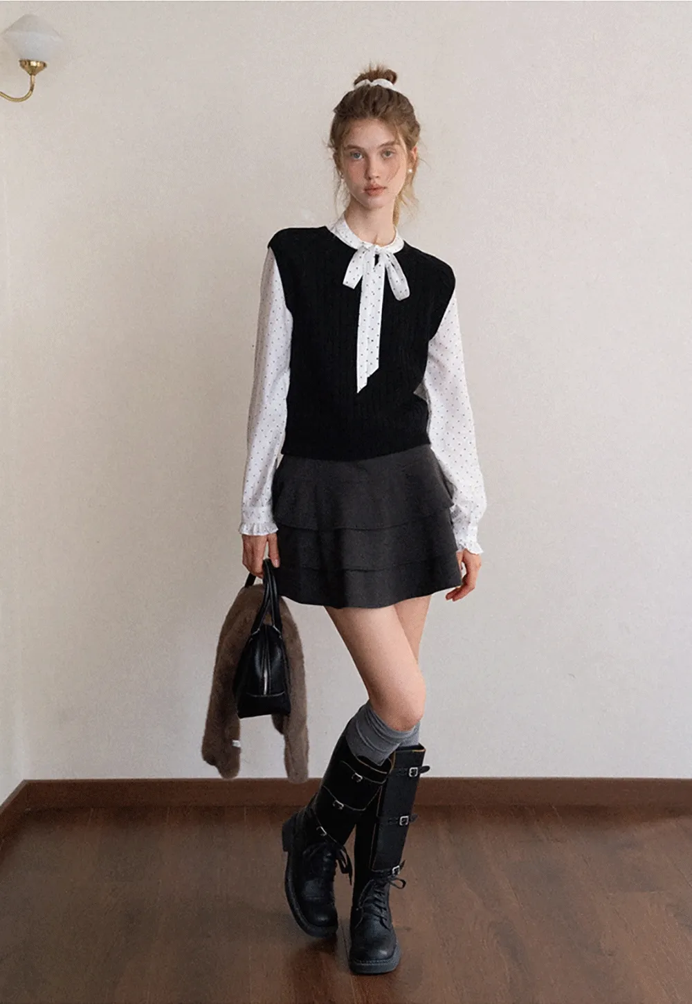 Womens Polka Dot Ruffle Trim Blouse with Bow Tie Neck