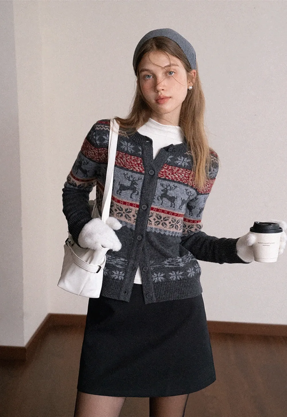 Reindeer Snowflake Pattern Knit Cardigan