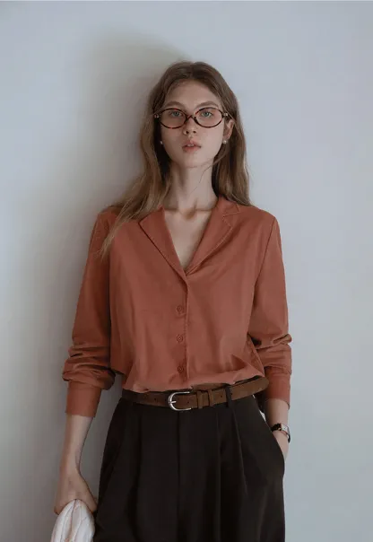 Womens Classic Lapel Collar Long Sleeve Blouse