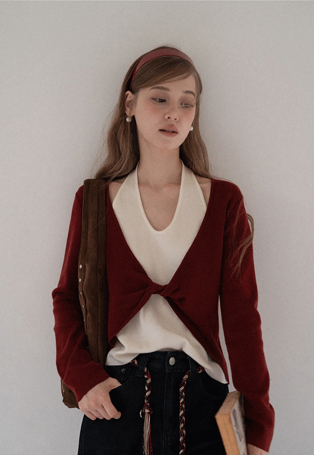 Women Casual Long Sleeve Halter Top with Twist Front Design