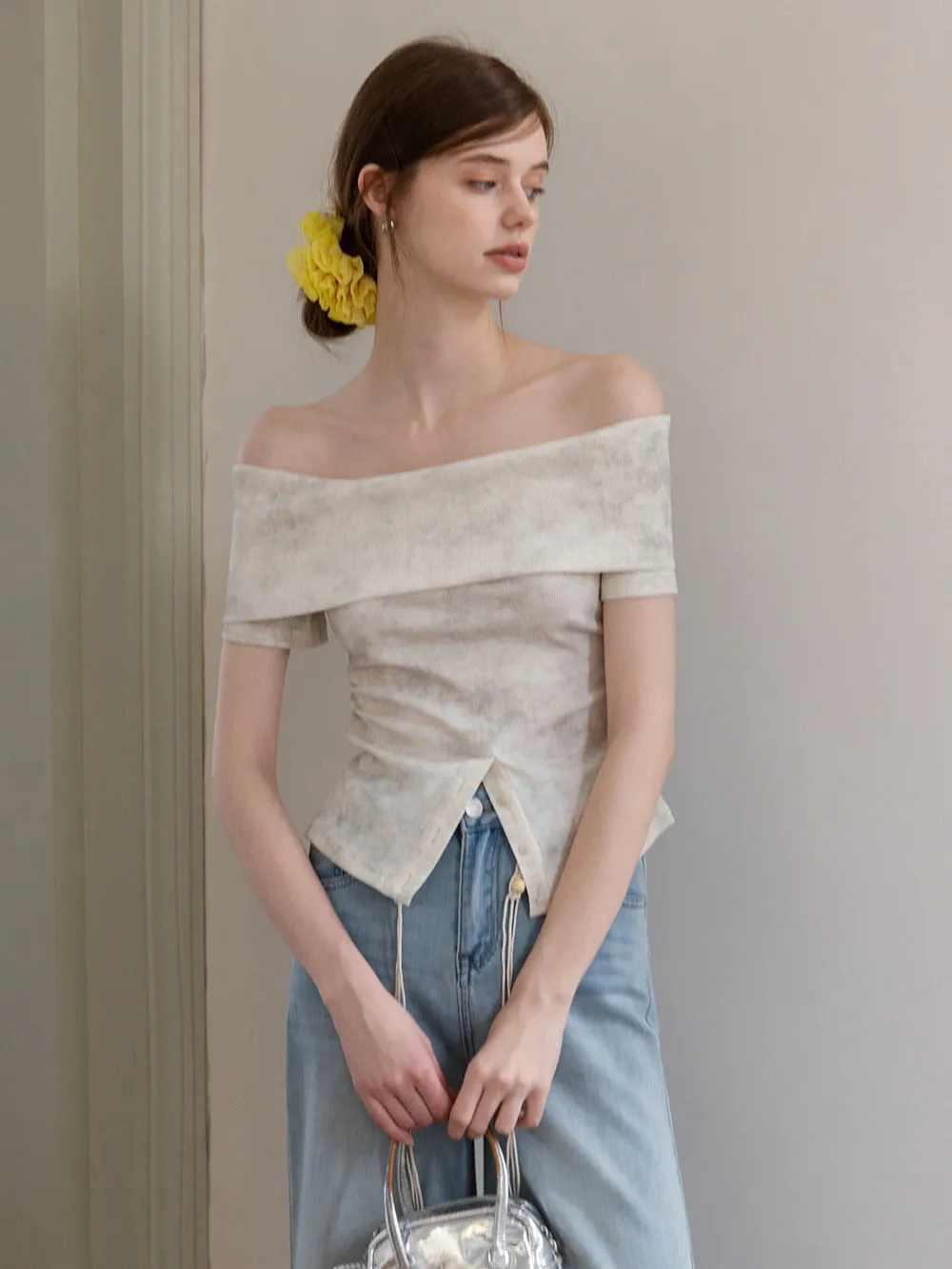 Women’s Off-Shoulder Top with Textured Print