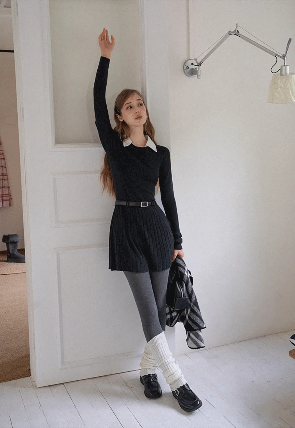Women Black Sweater Dress with White Collar and Belt