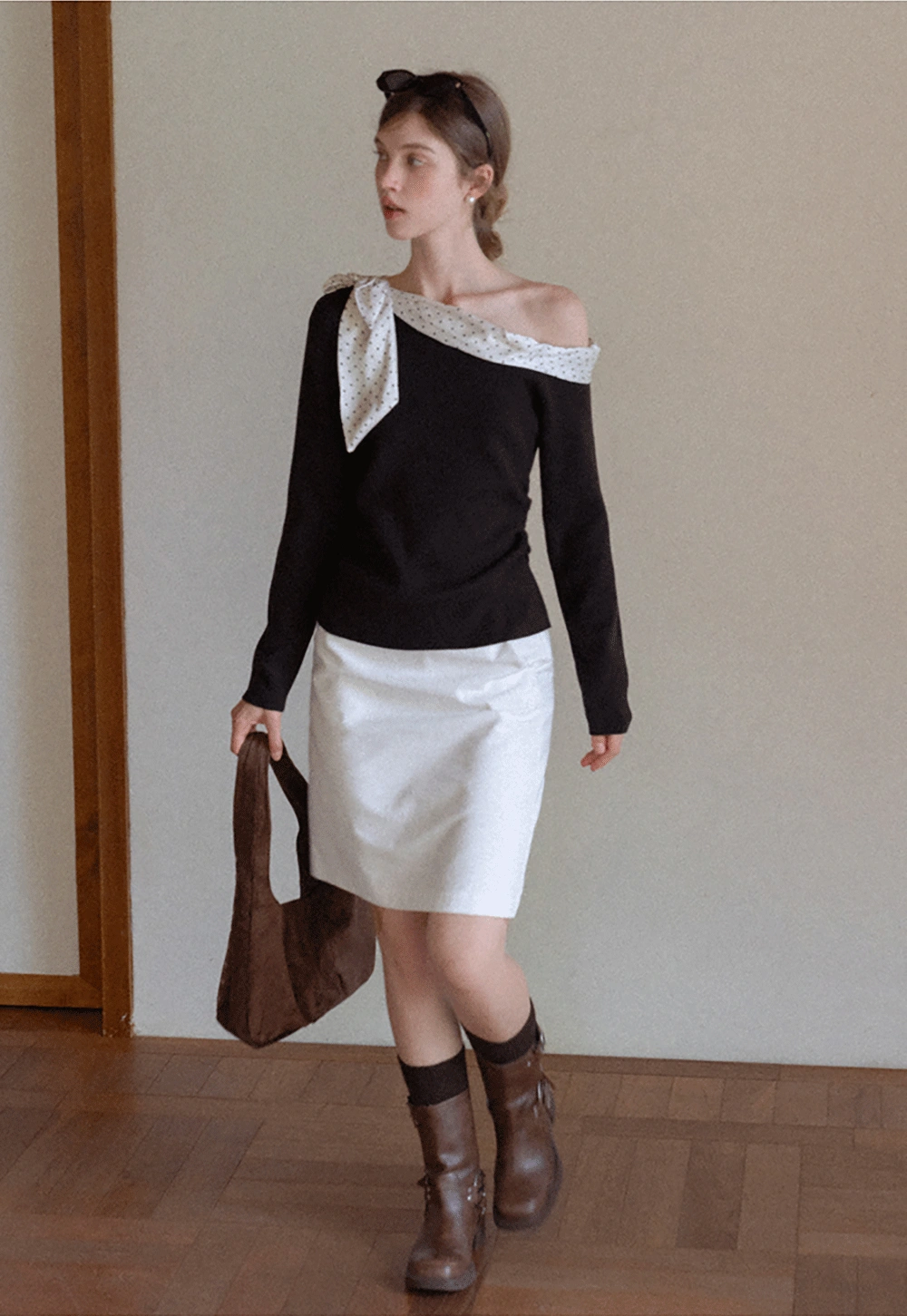 Womens Polka Dot Scarf Neck Long Sleeve Top