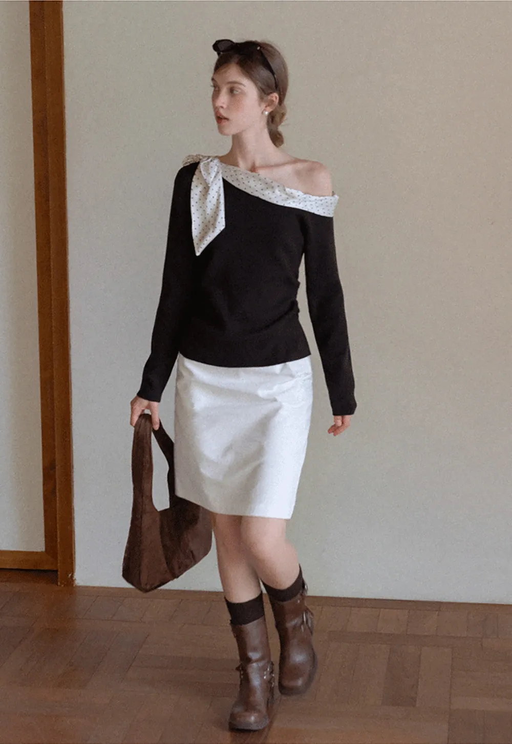 Womens Polka Dot Scarf Neck Long Sleeve Top