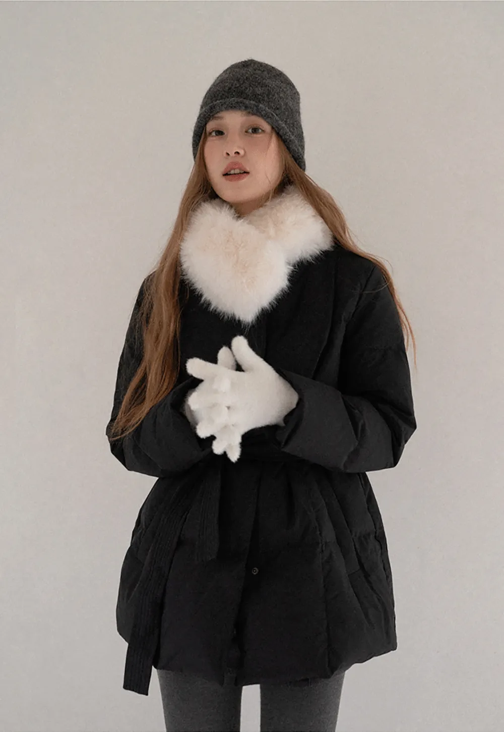 Belted Down Coat with Faux Fur Collar