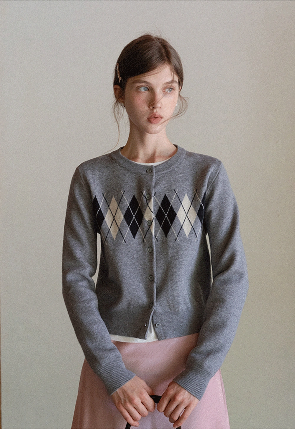 Women Vintage Argyle Pattern Knit Cardigan