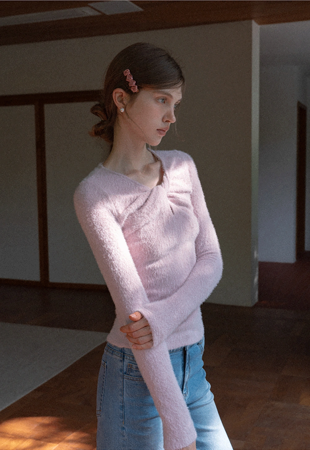 Women Soft Fluffy Knit Top Twist Front Long Sleeve